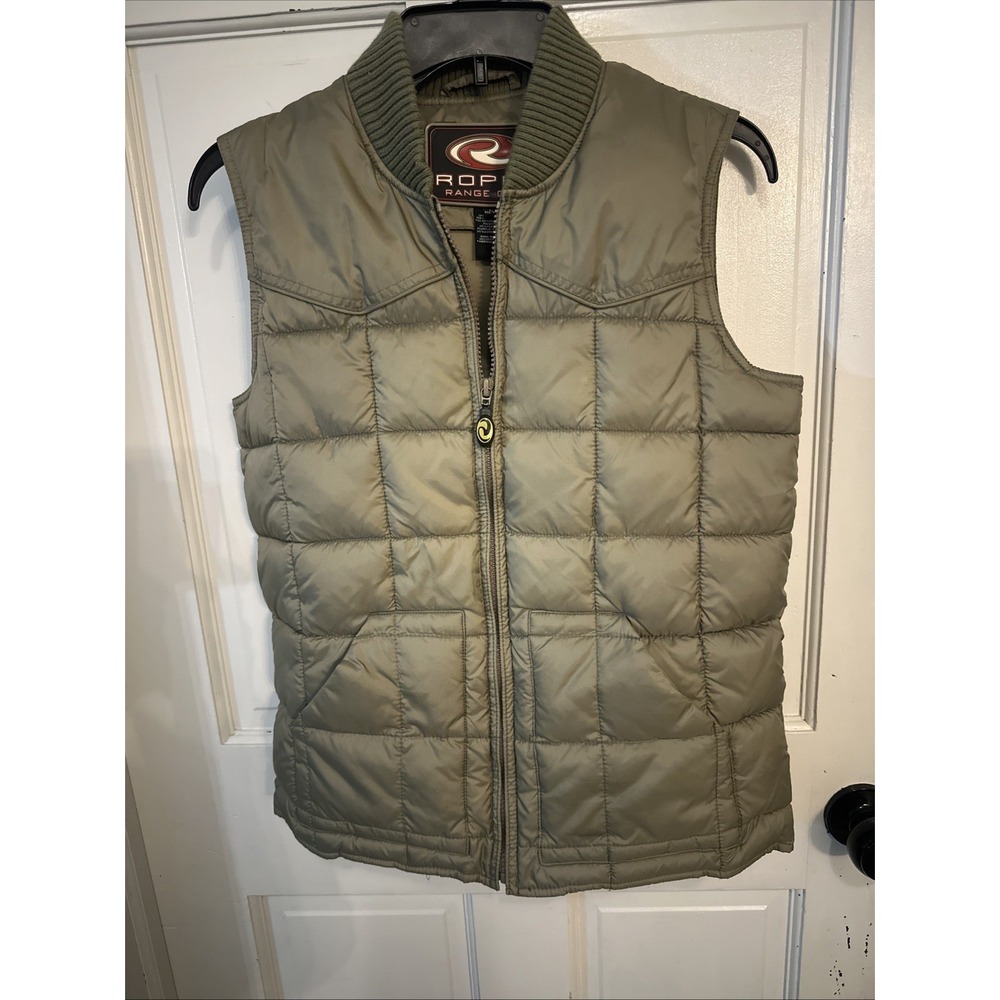 Roper Boys Puffer Vest Jacket Lined Collar Olive Green Zip Front Size L 12/14